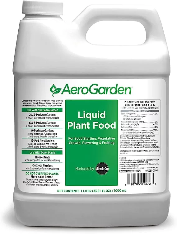 A bottle pack of commercially available AeroGarden Liquid Nutrients used as a hydroponic nutrient for vegetables