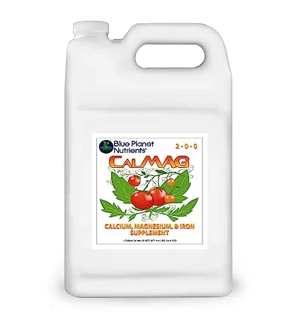 A bottle pack of commercially available Blue Planet Nutrients | Calcium Magnesium Iron for Vegetables used as a hydroponic nutrient for vegetables