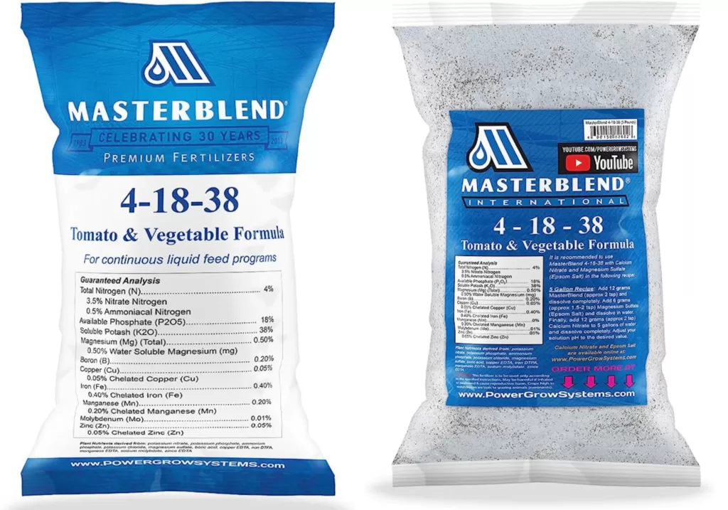 A pack of commercially available MasterBlend 4-18-38 Tomato & Vegetable Fertilizer used as a hydroponic nutrient for vegetables