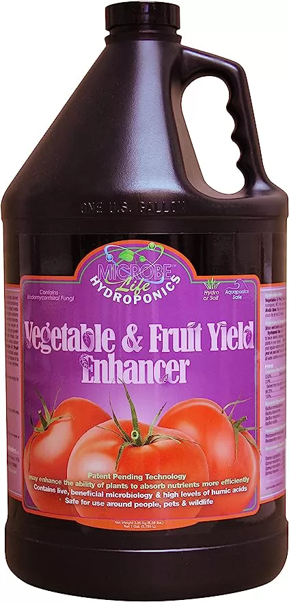 A bottle pack of commercially available Microbe Life Hydroponics Yield Enhancer used as a hydroponic nutrient for vegetables