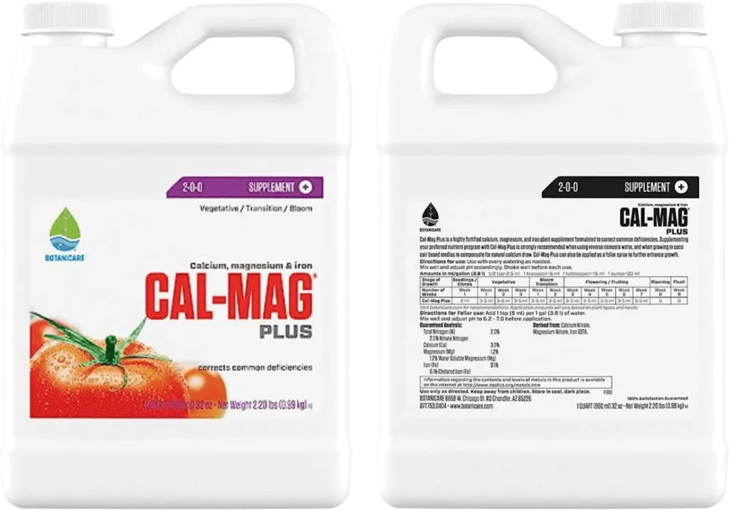 A bottle pack of commercially available Botanicare HGC732110 Cal-Mag Plus used as a hydroponic nutrient for vegetables